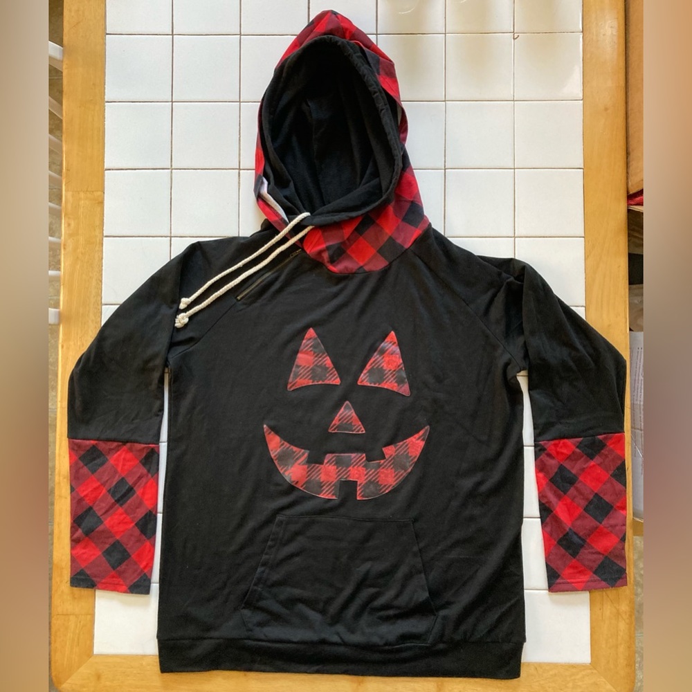 Red & Black Plaid Pumpkin Hoodie w/ Thumbholes